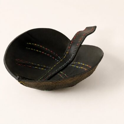 Hand Stitched Black Leather trinket bowl leaf