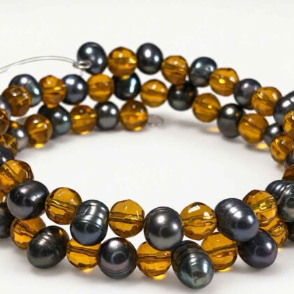 Spiral Bracelet with Purple/Black freshwater pearls citrine coloured faceted glass beads