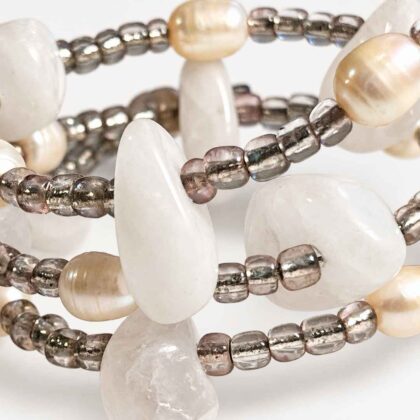 Spiral Freshwater Pearl, Quartz and seed silver seed bead bracelet
