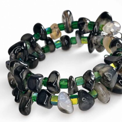 Spiral Bracelet with Agate and green square glass beads