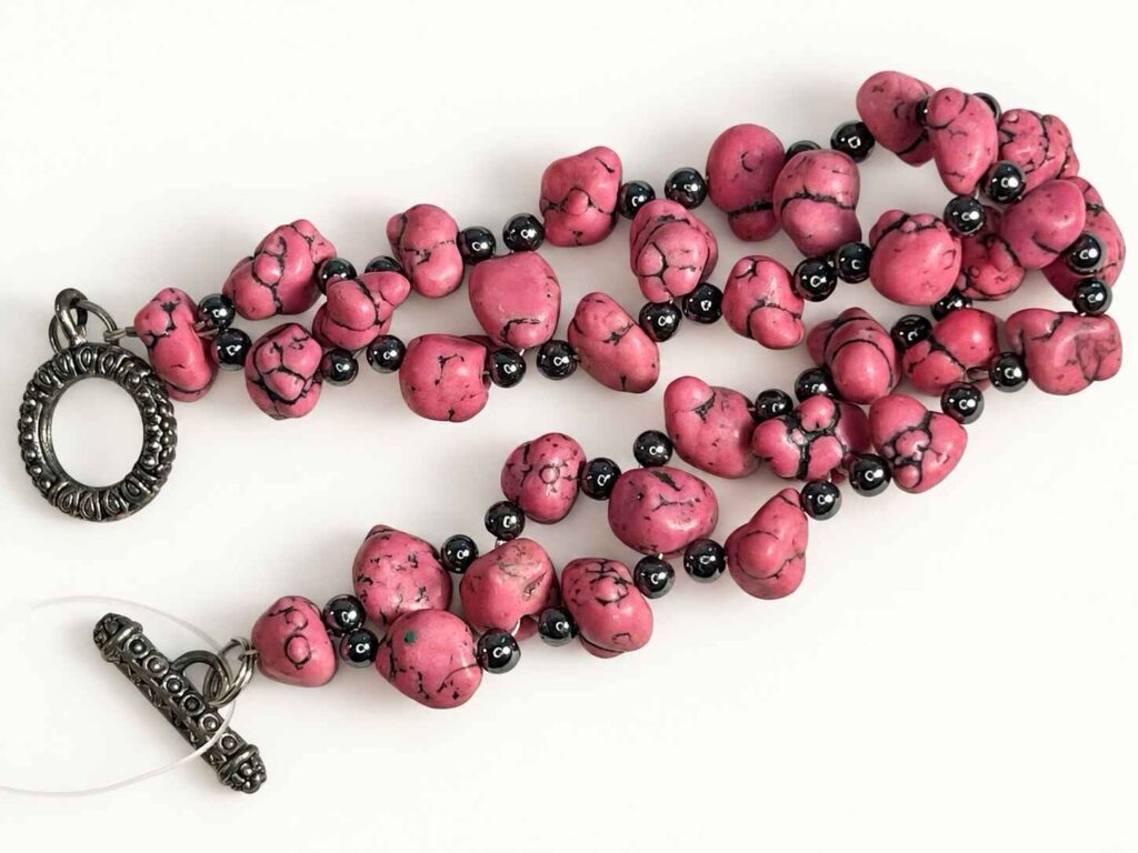 Elaine woven Pink Howlite and Hematite bracelet