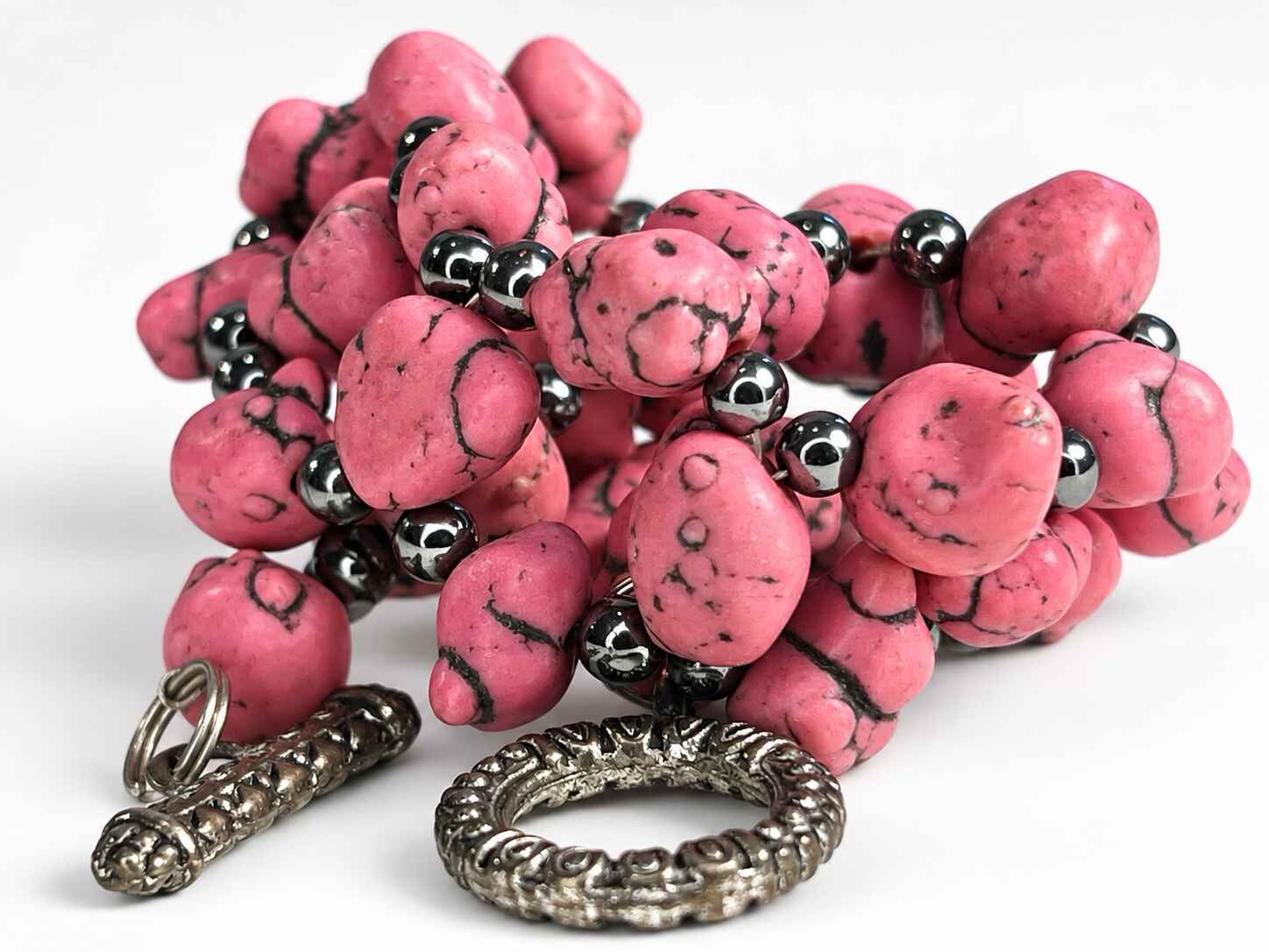 Elaine woven Pink Howlite and Hematite bracelet - Image 3