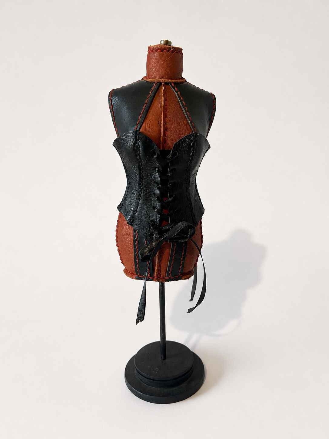 Hand Stitched Red and Black Leather Mannequin with Black corset