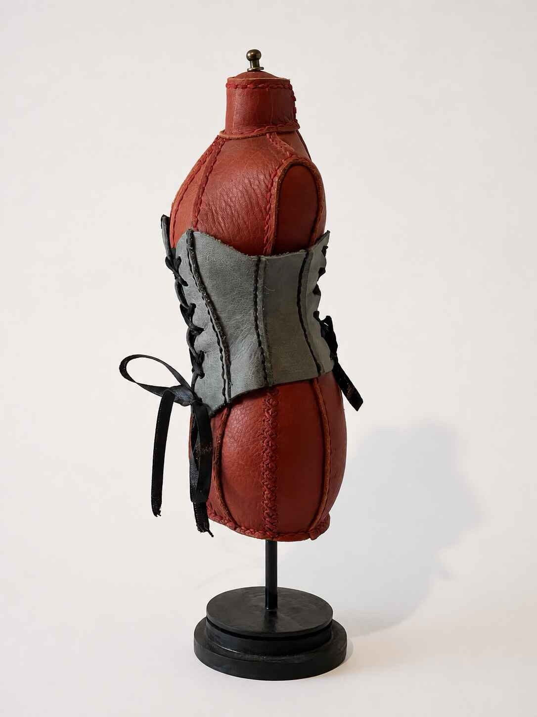 Hand Stitched Brown Leather Mannequin with grey corset - Image 2