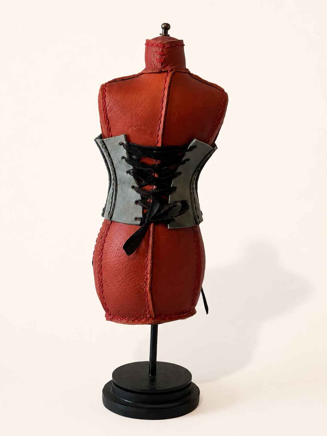 Hand Stitched Brown Leather Mannequin with grey corset - Image 4