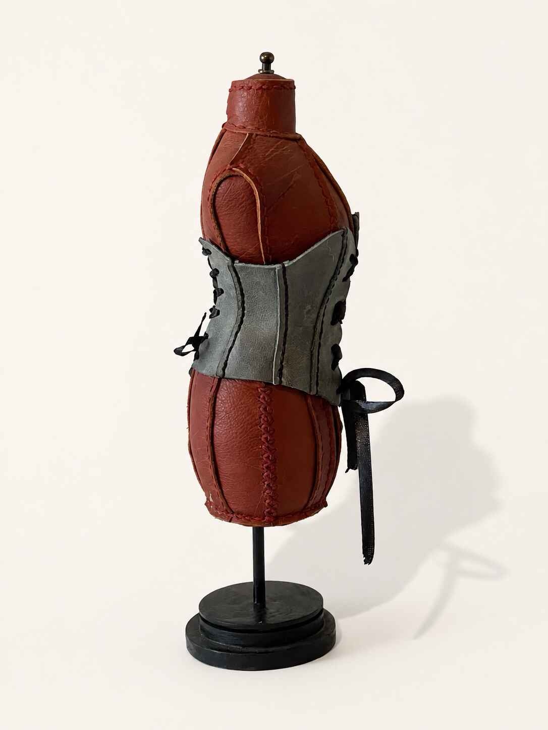 Hand Stitched Brown Leather Mannequin with grey corset - Image 3