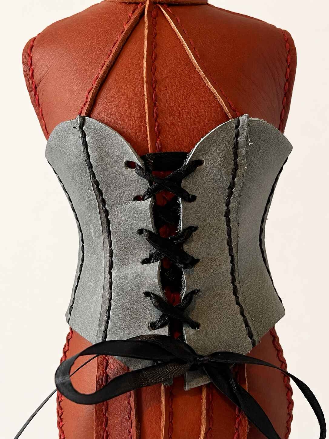Hand Stitched Brown Leather Mannequin with grey corset - Image 5