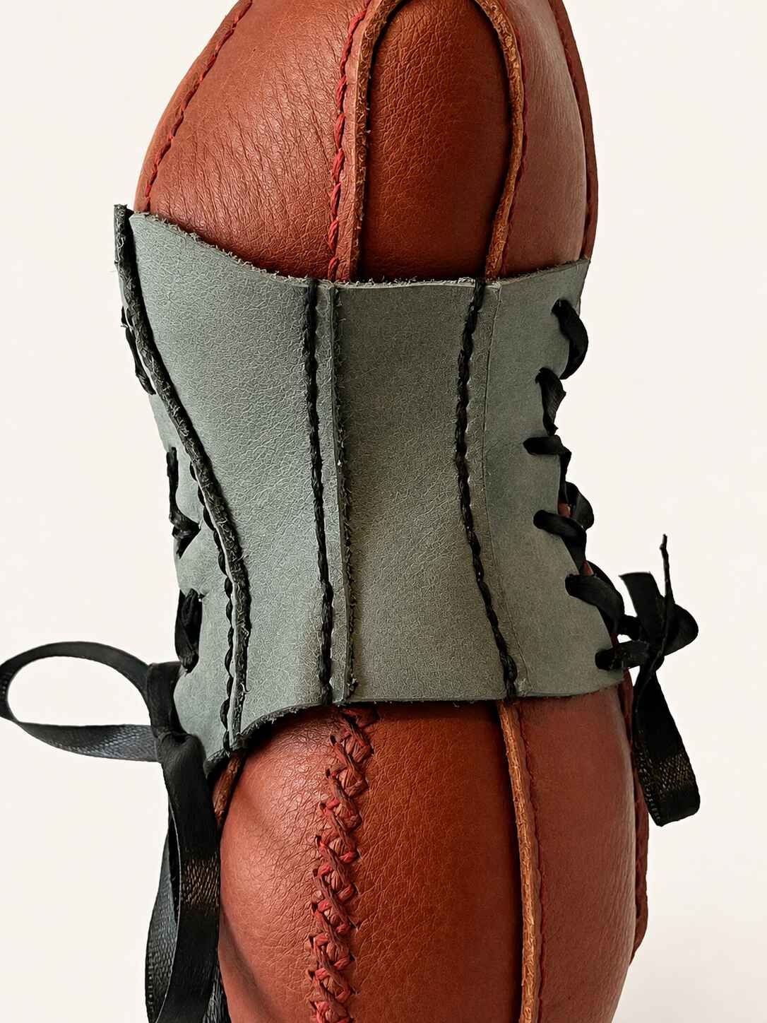 Hand Stitched Brown Leather Mannequin with grey corset - Image 6