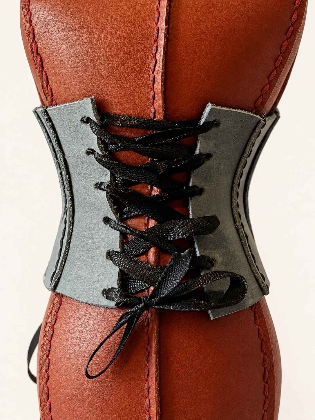Hand Stitched Brown Leather Mannequin with grey corset - Image 8