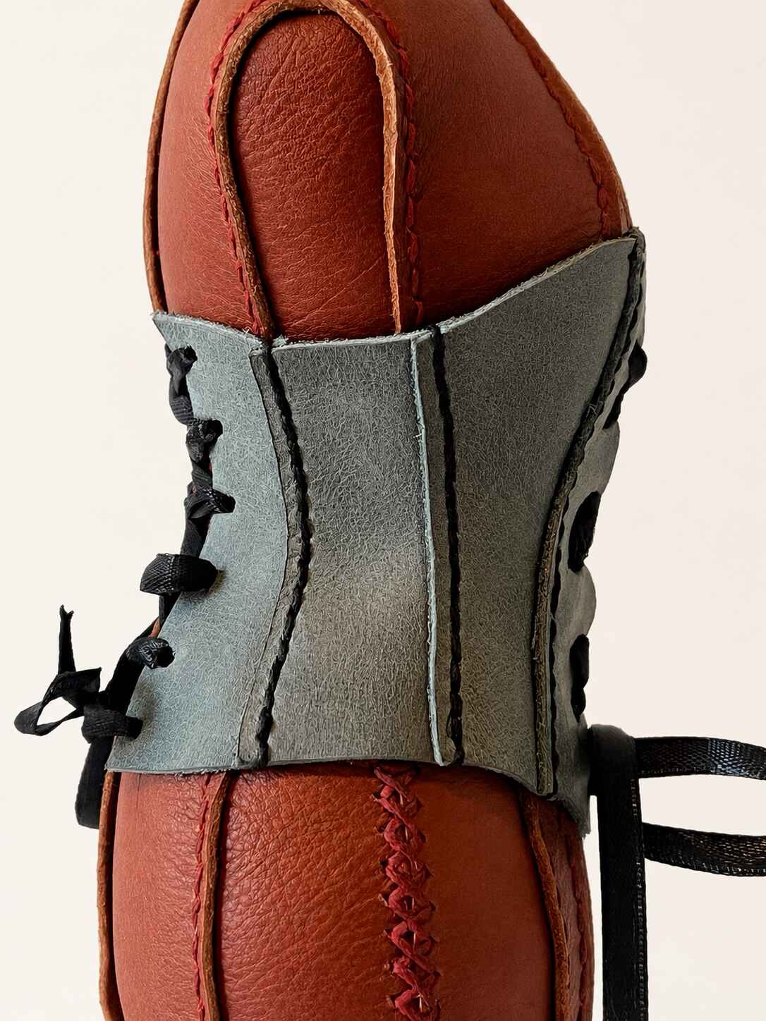 Hand Stitched Brown Leather Mannequin with grey corset - Image 7
