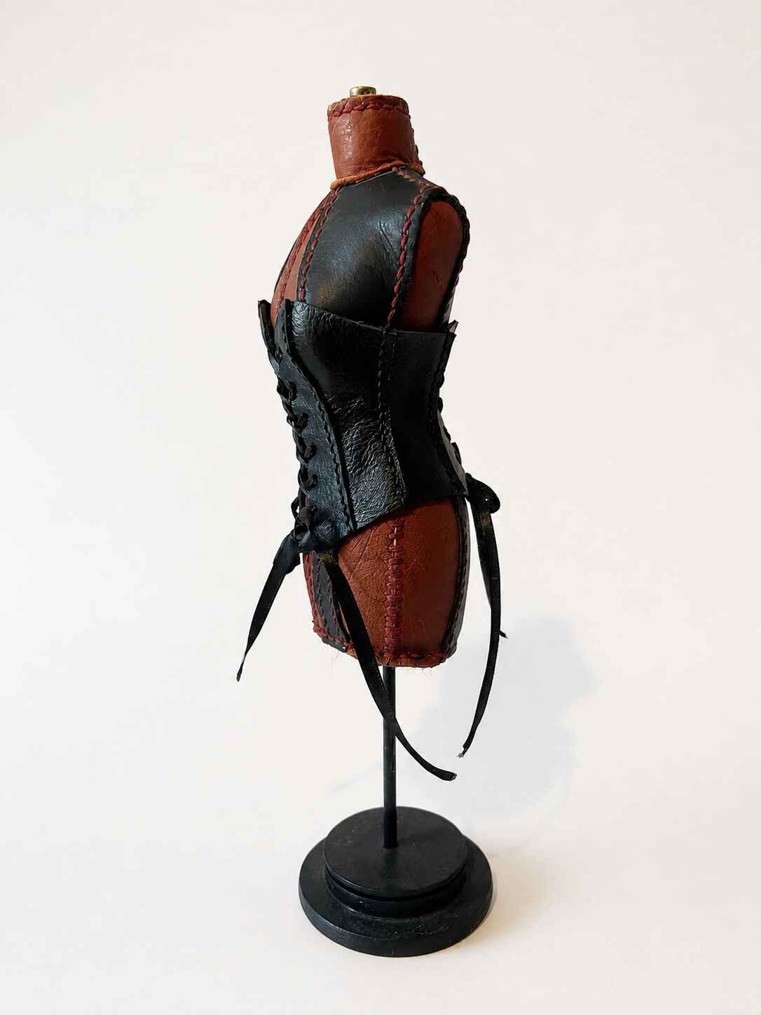 Hand Stitched Red and Black Leather Mannequin with Black corset - Image 2