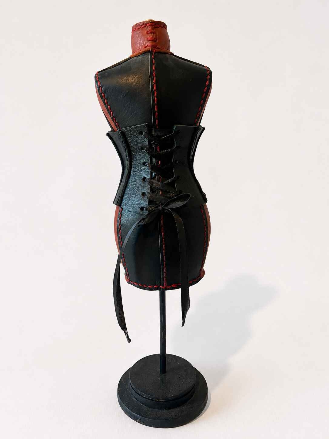 Hand Stitched Red and Black Leather Mannequin with Black corset - Image 4