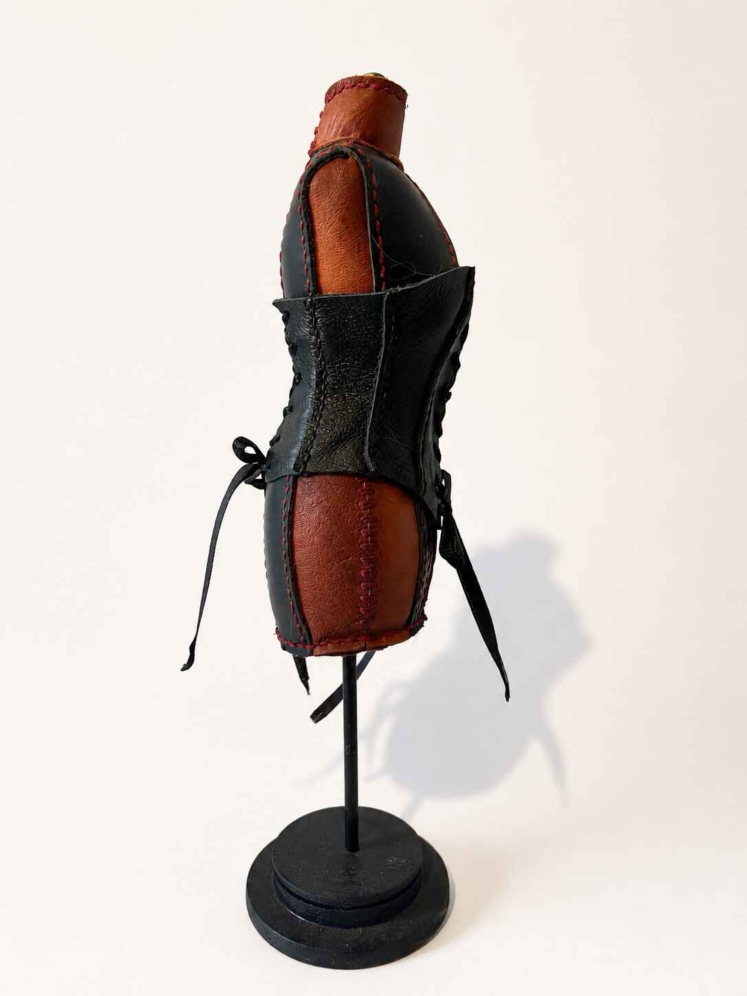 Hand Stitched Red and Black Leather Mannequin with Black corset - Image 3