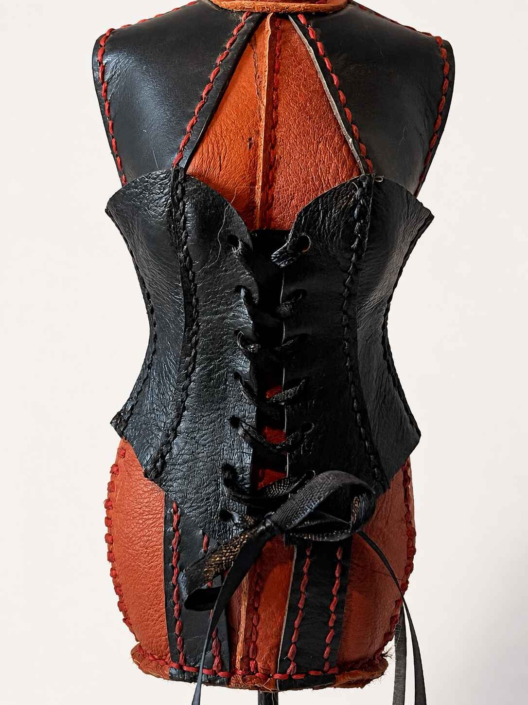 Hand Stitched Red and Black Leather Mannequin with Black corset - Image 5