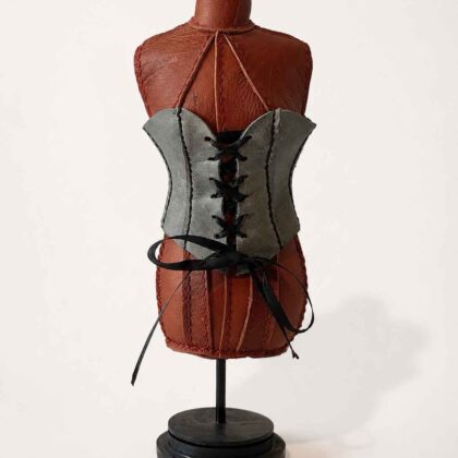 Hand Stitched Brown Leather Mannequin with grey corset