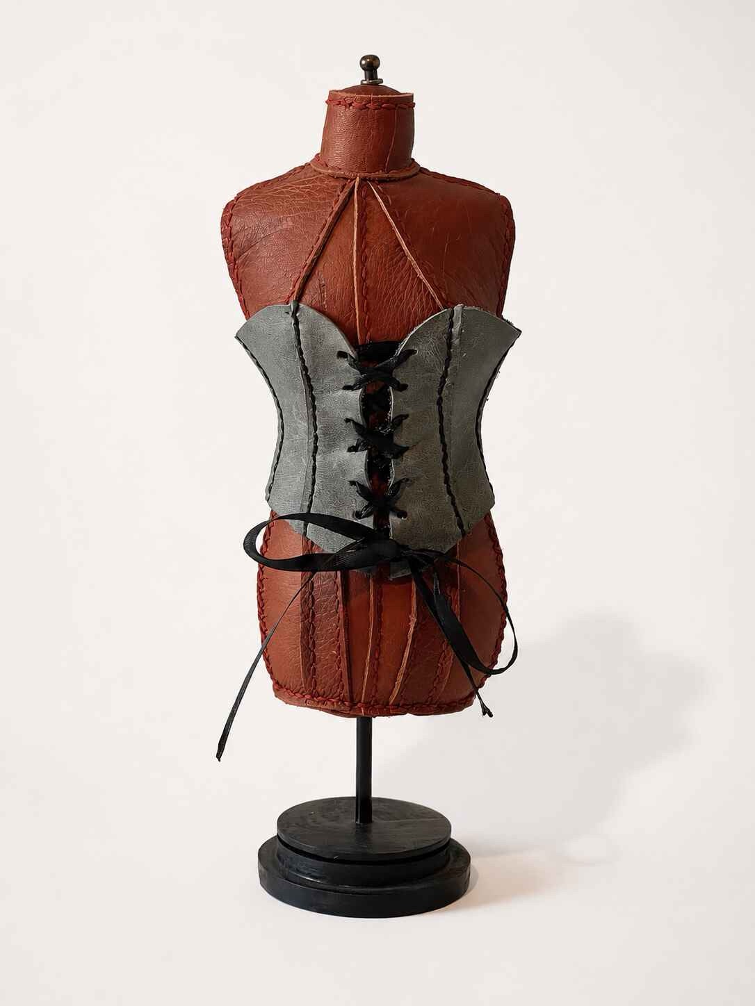 Hand Stitched Brown Leather Mannequin with grey corset