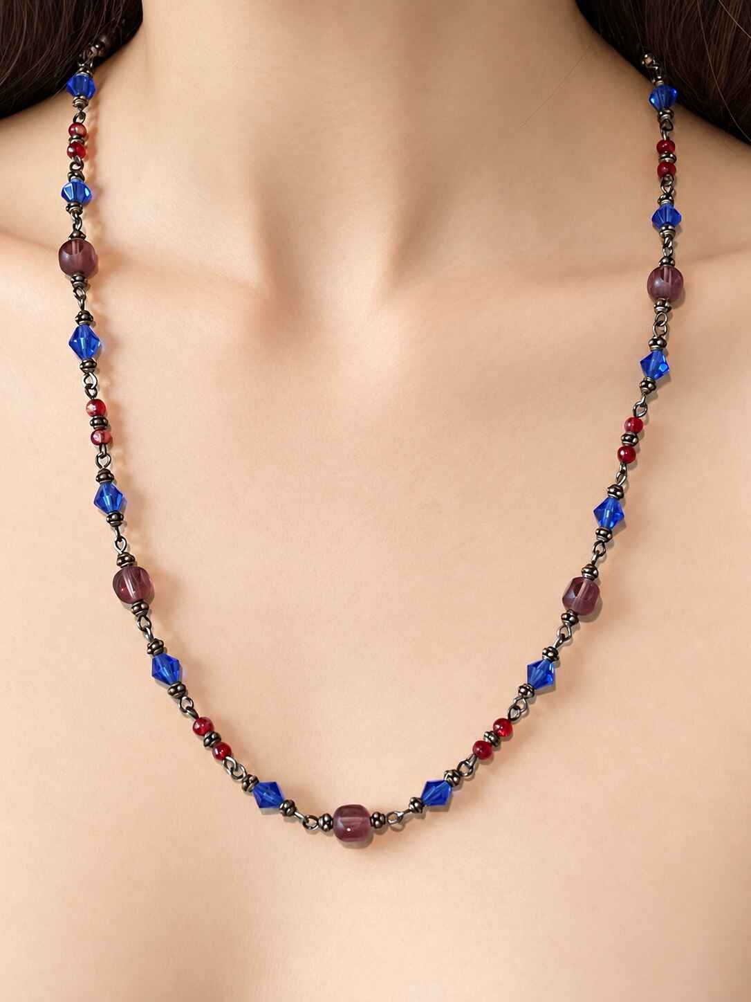 Lindsay Purple, Blue and red beaded Link necklace