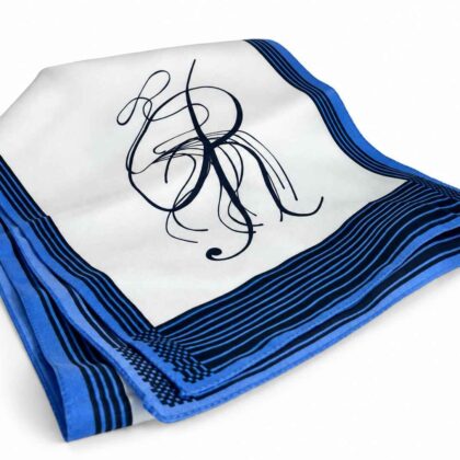 Blue and white scarf with an R
