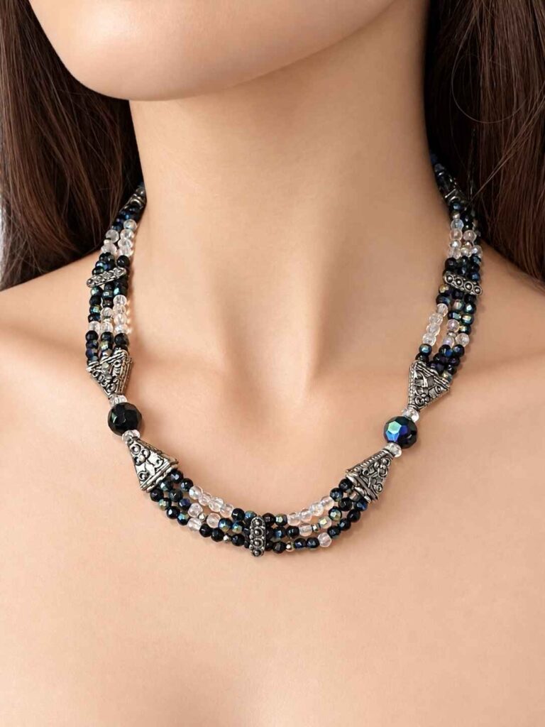 Midnight Trinity Black and clear faceted bead necklace
