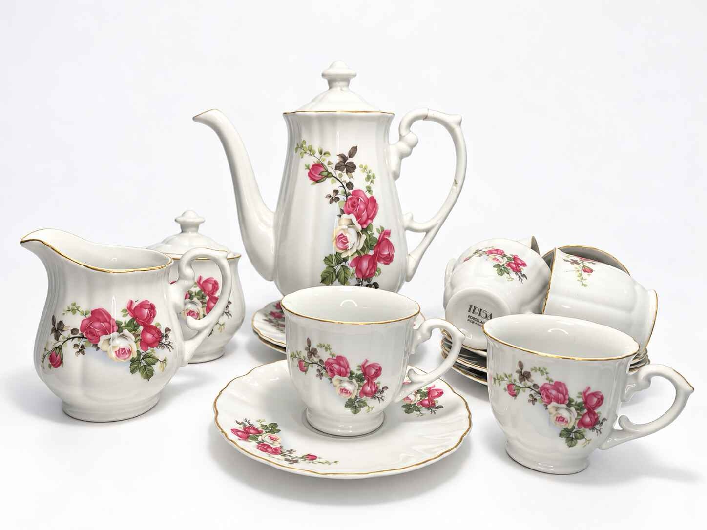 Vintage Trisa porcelain Roses Tea set with creamer and sugar dish - Image 14