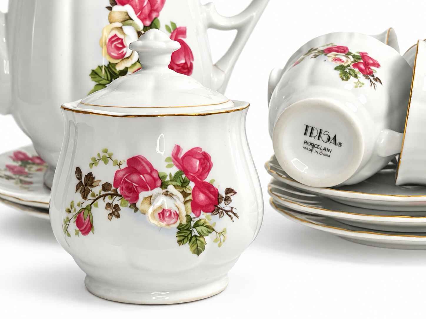Vintage Trisa porcelain Roses Tea set with creamer and sugar dish - Image 11