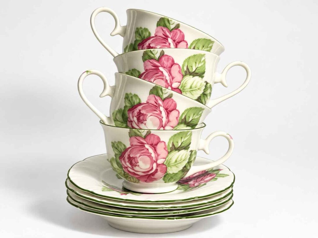 Four Vintage Wiesenthal Summer Rose duo’s, tea cups with saucers