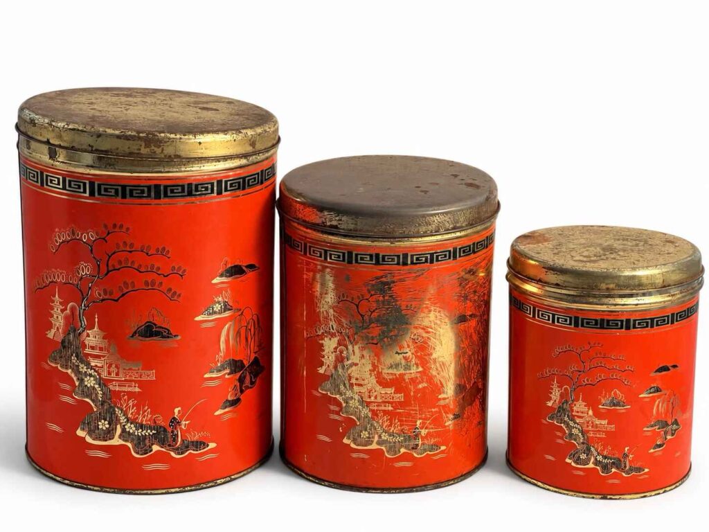 Set of Three Red oriental fisherman design Nesting tins