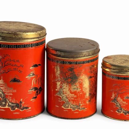 Set of Three Red oriental fisherman design Nesting tins