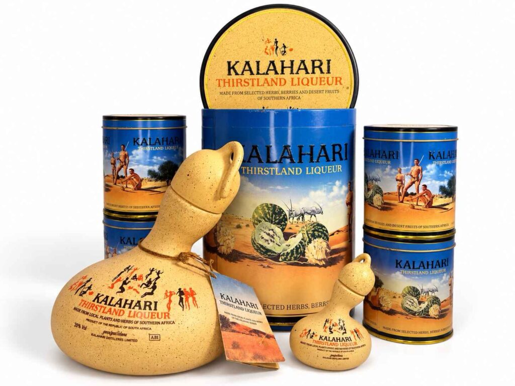 Rare Collectors Kalahari Thirstland Liqueur tins and San calabash bottles
