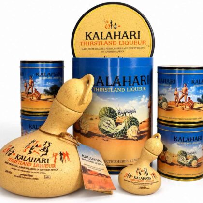 Rare Collectors Kalahari Thirstland Liqueur tins and San calabash bottles