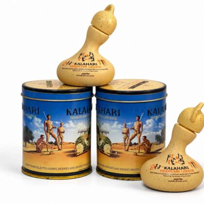 Rare collectors Kalahari Thirstland Liqueur tins with San Calabash’s