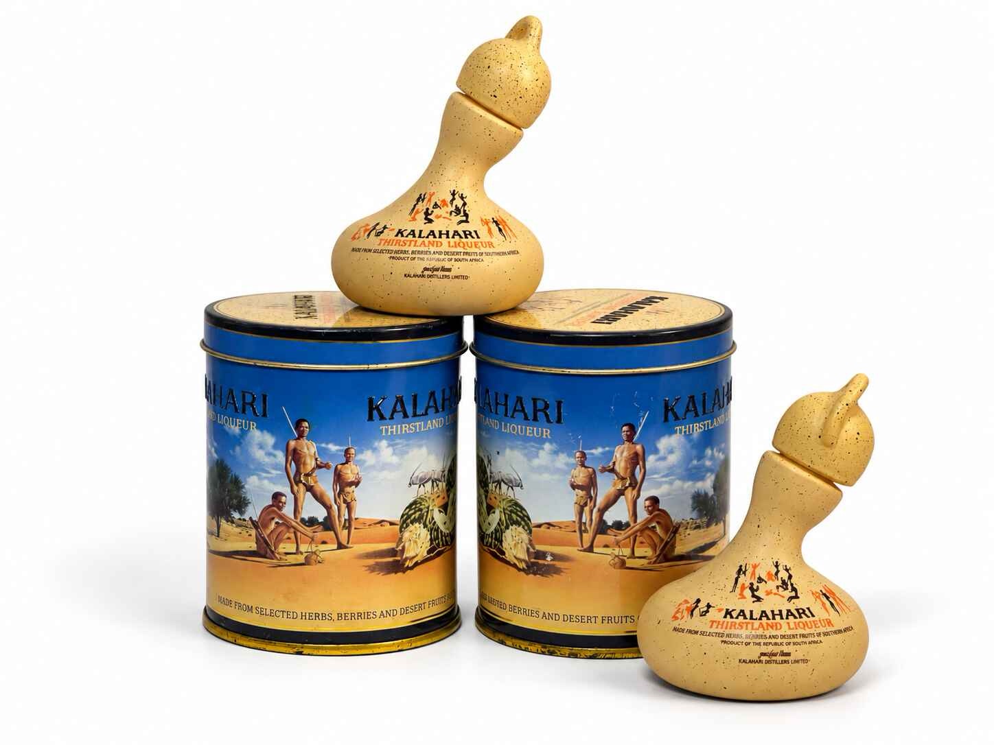 Rare collectors Kalahari Thirstland Liqueur tins with San Calabash’s