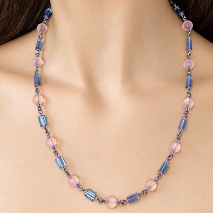 Lindsay Frosted Pink and Rectangular Blue bead Link Necklace