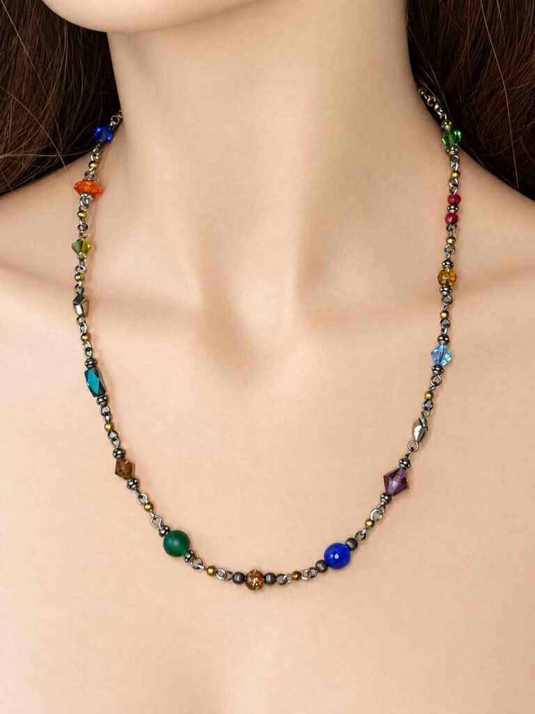 Lindsay Multi coloured glass bead link necklace.