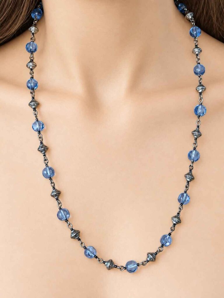 Lindsay Blue and silvery biconal beaded Link necklace